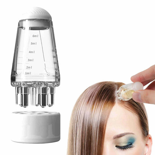 Hair Oil Applicator bottle with comb-tip cap, front view.
